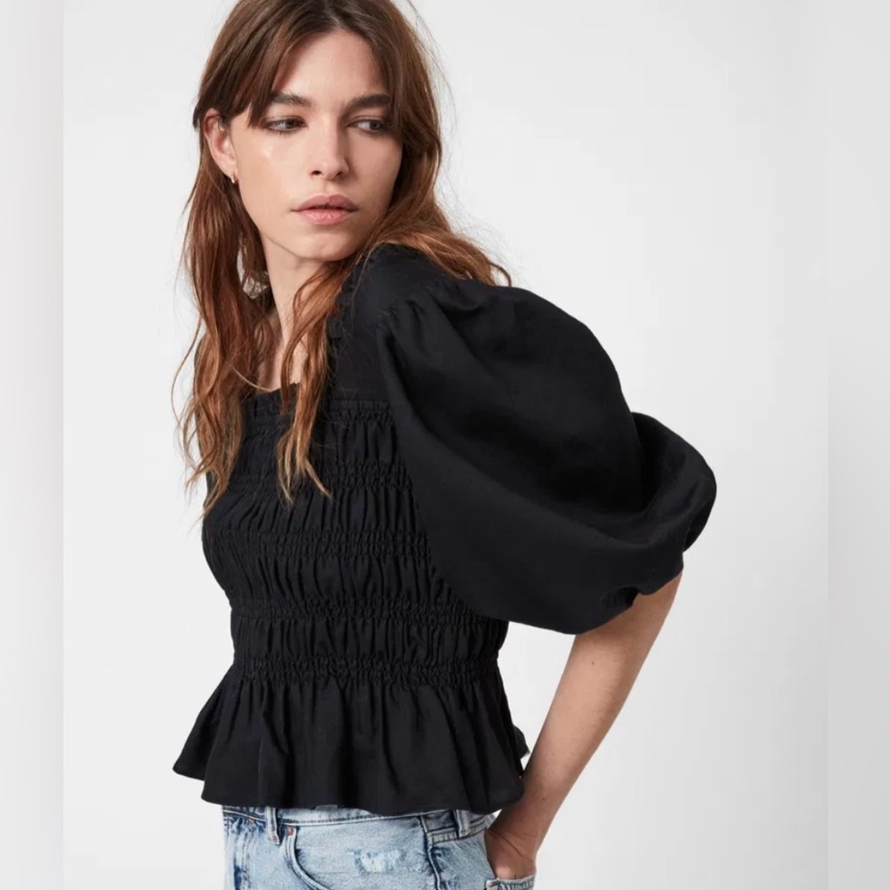 All Saints Livi Smocked Puff Sleeve Linen Top, Size 8